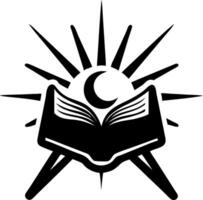 Open Book with Crescent Moon and Radiant Sunburst Symbol Design vector