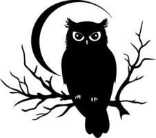 Owl Silhouette on Branch with Crescent Moon for Tattoo and Decor vector