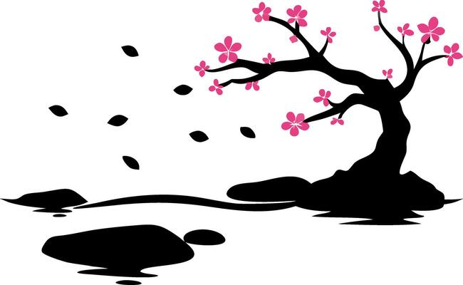 Pink Cherry Blossom Tree Silhouette with Falling Leaves Art for Decoration