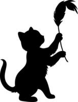 Playful Cat Silhouette Holding Feather for Art and Craft Projects vector