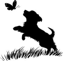 Playful Dog Silhouette Chasing Butterfly in Grass Perfect for Wall Art and Design Projects vector