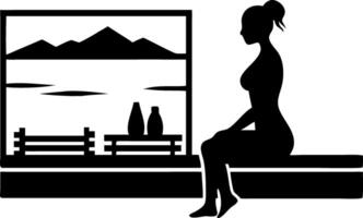 Relaxing Woman Silhouette in Spa Setting with Mountain View for Wellness and Meditation Design vector