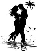 Romantic Beach Couple Silhouette with Palm Tree and Birds Art vector