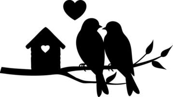 Romantic Bird Silhouette with Birdhouse and Heart on Branch for Wedding Invitations vector