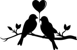 Romantic Birds Silhouette on Branch with Heart Symbol for Valentine Art and Design vector