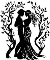 Romantic Couple Silhouette Embracing Amidst Ornate Tree Branches Art vector