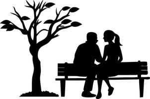 Romantic Couple Silhouette on Park Bench Beside Tree for Card Design and Art Projects vector