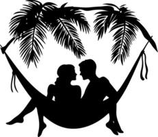 Romantic Couple Silhouette Relaxing in Hammock Under Palm Trees vector