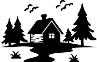Rustic Cabin in Pine Forest with Bird Silhouettes Art for Nature Themed Designs vector