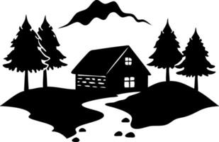 Rustic Cabin in Pine Forest Silhouette with Mountain Background Illustration vector