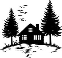 Rustic Cabin Silhouette with Pine Trees and Birds for Nature Illustrations and Designs vector