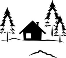 Rustic Cabin Scene Silhouette with Pine Trees for Art and Design Projects vector