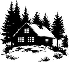 Rustic Cabin Silhouette Surrounded by Pine Trees for Illustrations and Print Design vector