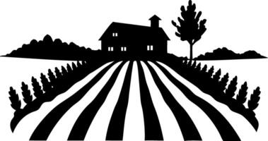 Rustic Farmhouse Silhouette with Fields and Trees for Agriculture Design vector
