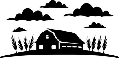 Rustic Farmhouse Landscape Silhouette with Clouds and Trees for Vintage Art Decor vector