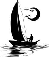 Sailboat Silhouette with Birds and Crescent Moon at Sea at Dusk Art vector