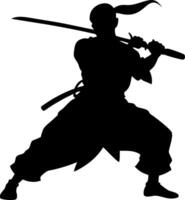 Samurai Silhouette Warrior with Sword in Battle Stance for Art and Design Projects vector
