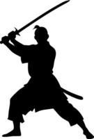 Samurai Warrior Silhouette with Katana in Combat Pose for Tattoo and Graphic Design vector