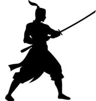 Samurai Warrior Silhouette with Sword in Dynamic Combat Pose Art vector