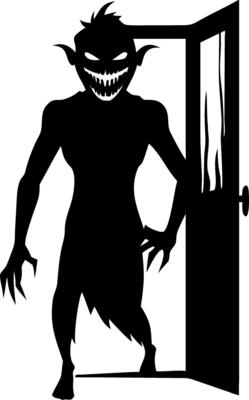 Scary Monster Silhouette Creeping Through Open Door Art for Halloween Decorations