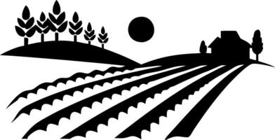 Scenic Farm Landscape Silhouette with Fields Trees and Sun for Design vector