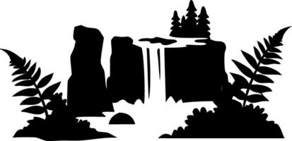 Scenic Forest Waterfall Silhouette with Rocks and Ferns for Nature Illustrations vector