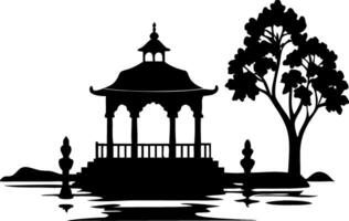Scenic Gazebo and Tree Silhouette by Reflective Water Art vector