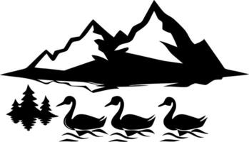 Scenic Mountain Lake with Ducks and Pine Trees Illustration for Nature Designs vector