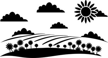 Scenic Landscape Silhouette with Sun Clouds and Trees for Art and Design Projects vector