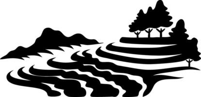 Scenic Hillside Cropland Silhouette with Terrace Farming and Trees vector