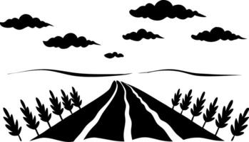 Scenic Country Road Silhouette with Clouds and Wheat Fields vector