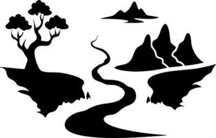 Scenic Mountain Landscape with Tree and River Silhouette for Art and Design Use vector