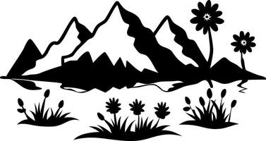 Scenic Mountain Landscape Silhouette with Flowers and Trees for Art and Design Projects vector