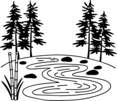 Serene Forest Stream with Pine Trees Illustration for Relaxation Art vector