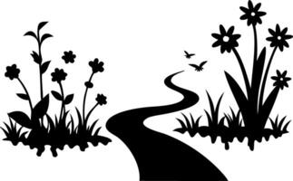 Serene Nature Pathway Silhouette with Flowers and Birds Art vector