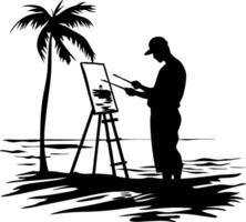 Silhouette Artist Painting Beach Scene with Palm Tree on Canvas vector