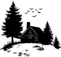 Silhouette Cabin with Forest Trees and Flying Birds Illustration vector