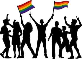 Silhouette Celebration Group Holding Rainbow Flags for Pride Events and Support vector