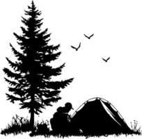 Silhouette Camper Camping by Tree with Tent and Birds in Nature Art vector