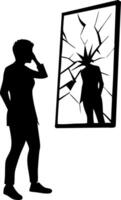 Silhouette Contemplating Shattered Mirror Reflection Symbolizing Self Doubt and Identity Crisis vector