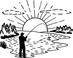 Silhouette Fisherman at Sunset by Lake with Trees Reflective Peaceful Scene vector