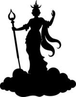 Silhouette Goddess with Staff Graceful Pose on Cloud Ancient Mythical Art vector