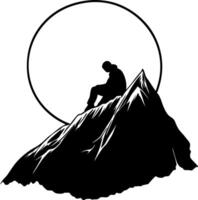 Silhouette Man Sitting on Mountain Peak with Circle Background Illustration vector