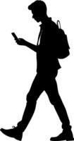Silhouette Man Walking with Mobile Phone and Backpack Illustration vector