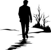 Silhouette Man Walking by Leafless Tree Reflective Path Nature vector