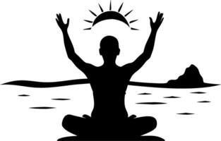 Silhouette Meditation Pose at Sunrise by Ocean with Peaceful Serenity for Design and Art Projects vector