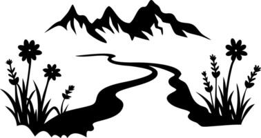 Silhouette Mountain and River Landscape with Floral Elements for Art and Design Projects vector