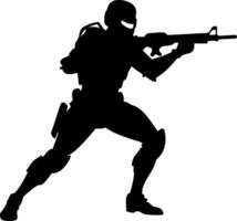 Silhouette of Armed Soldier in Combat Pose for Military Tactical Design vector
