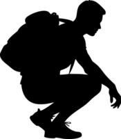 Silhouette of Backpacker Squatting Outdoor Adventure for Graphics and Design vector
