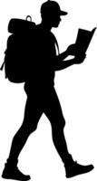 Silhouette of Backpacker Reading Map for Travel Adventure and Navigation Concept vector